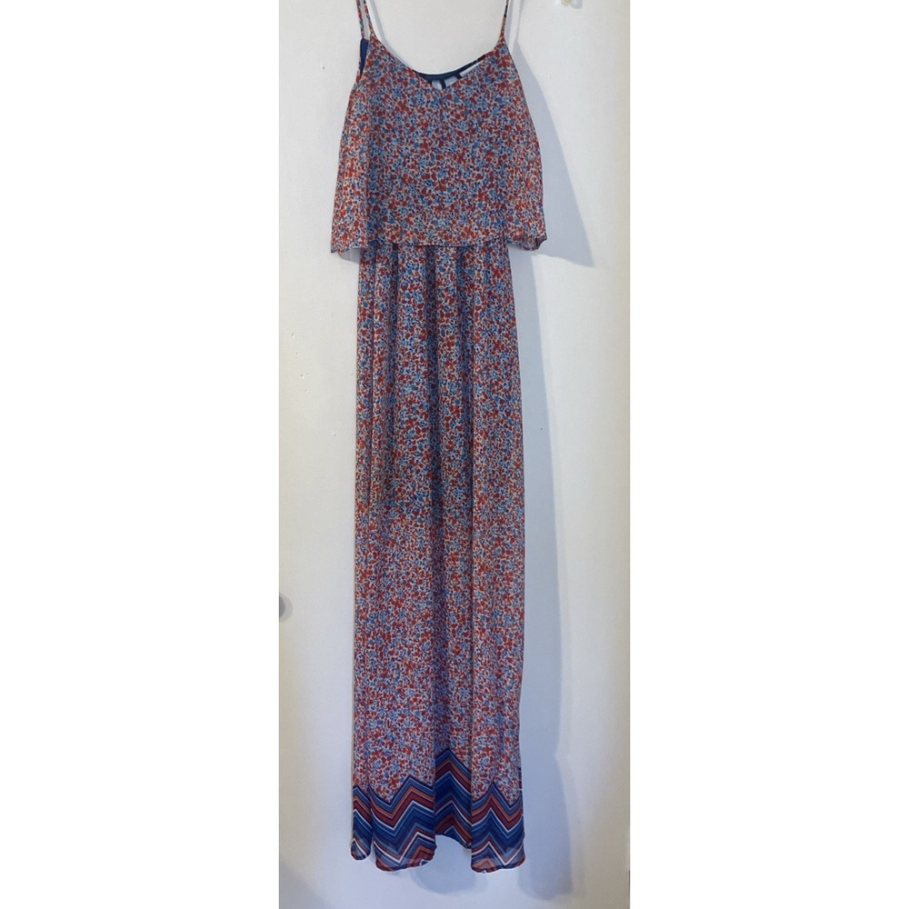 Floral Chevron Maxi Dress‎ Red Blue Tiered Popover Strappy Back Summer Gown